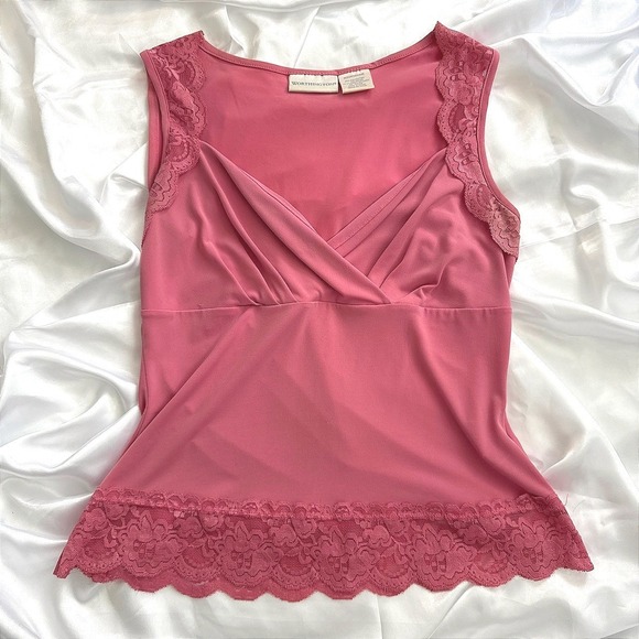 Worthington Tops - Worthington Rose Pink Lace Trim Surplice Sleeveless Top Blouse Medium